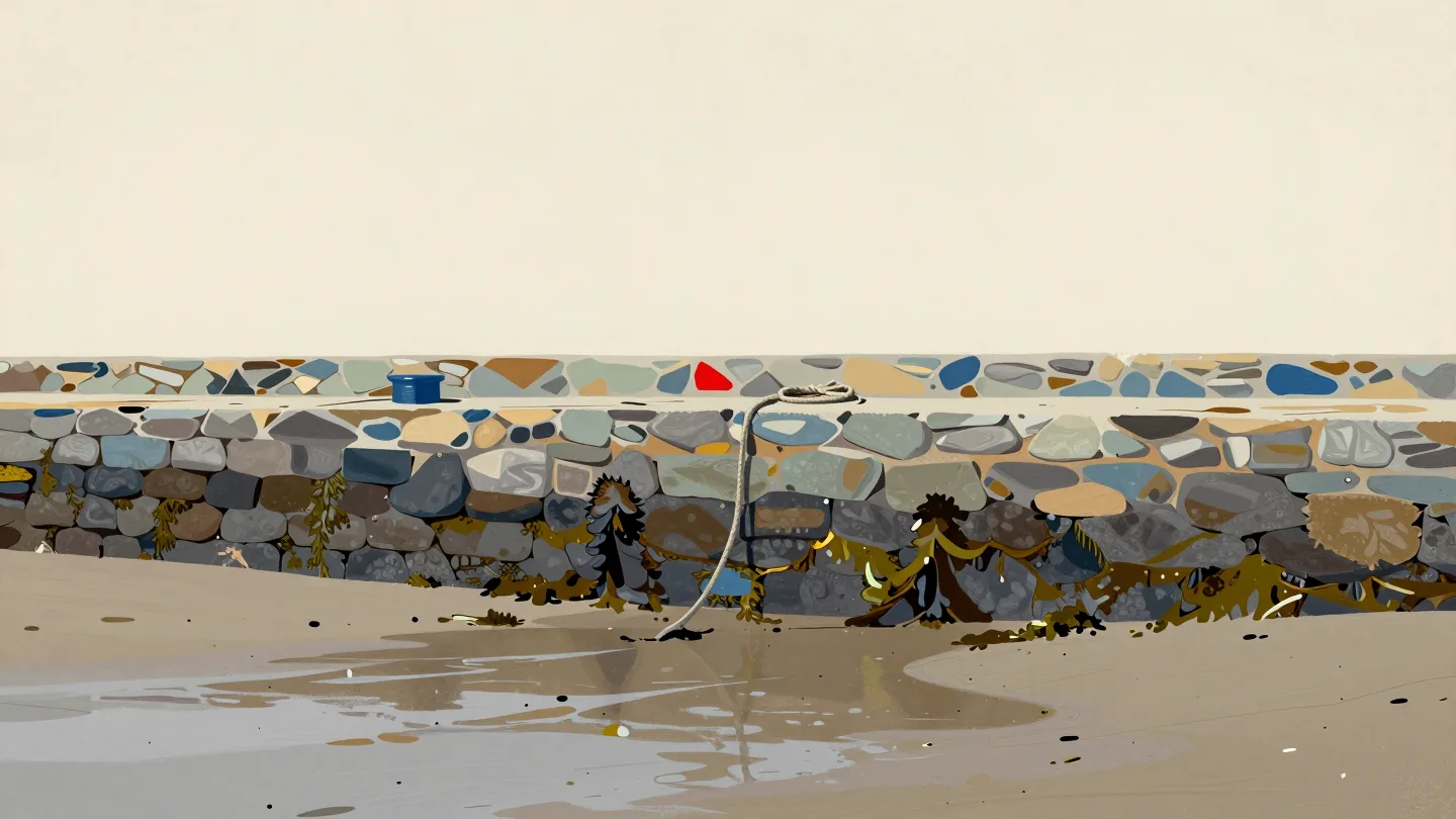 A stone harbor wall at low tide with a dark band of seaweed marking the high water line, a coil of rope on the quay.