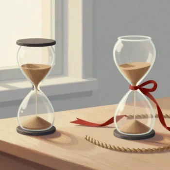 Two hourglasses on a desk by a window, one tied with a red ribbon, beside a loose coil of rope.
