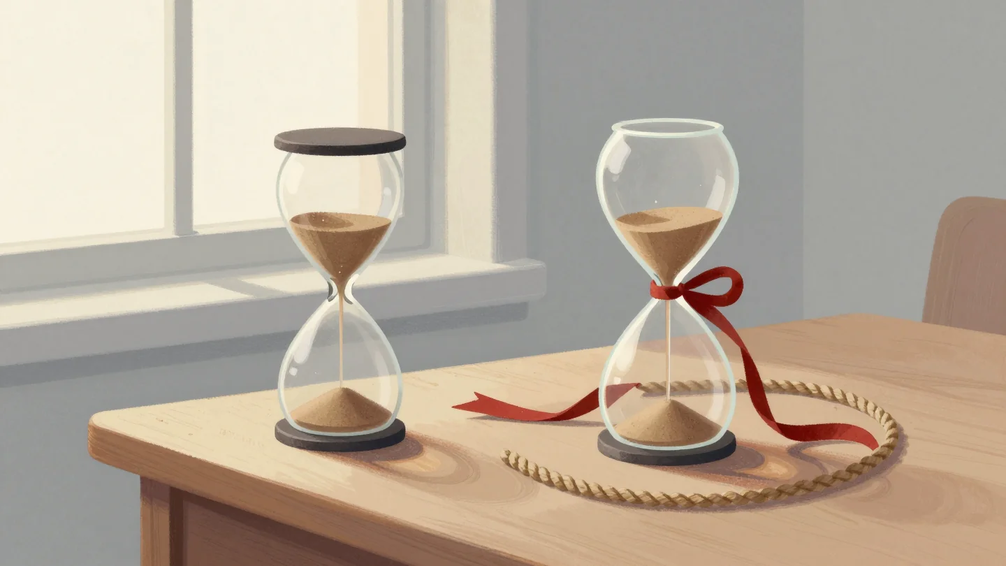 Two hourglasses on a desk by a window, one tied with a red ribbon, beside a loose coil of rope.