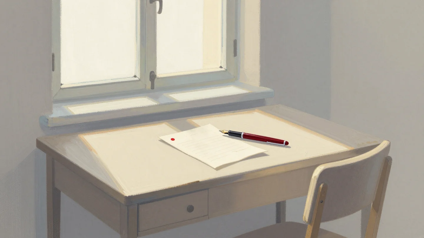 A writing desk by a window with a half-written letter and a red fountain pen resting on it, an empty chair pulled up close.