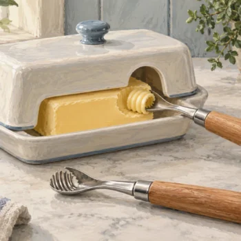 A butter curler reaches a butter block through one open section of a covered dish