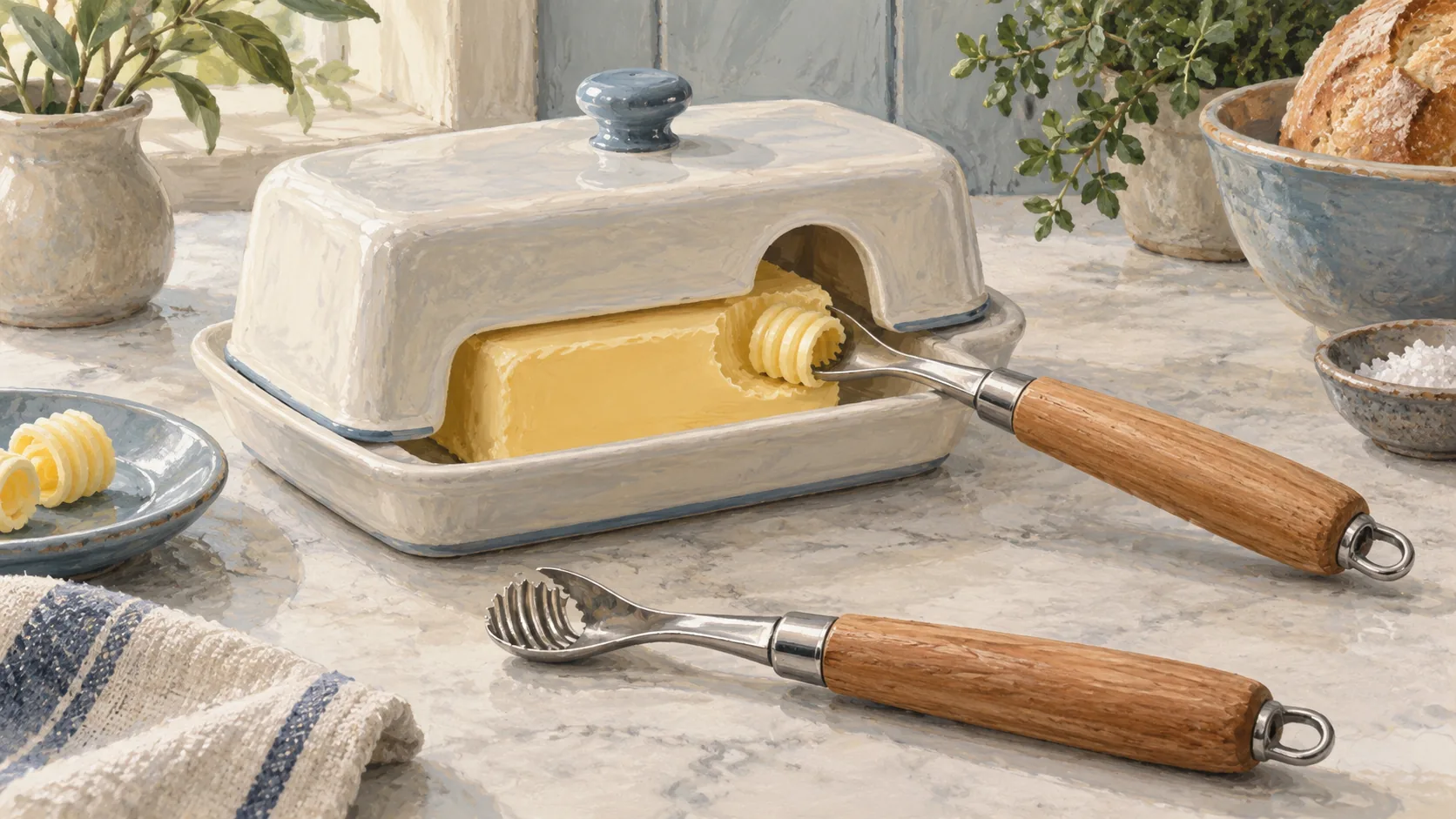A butter curler reaches a butter block through one open section of a covered dish