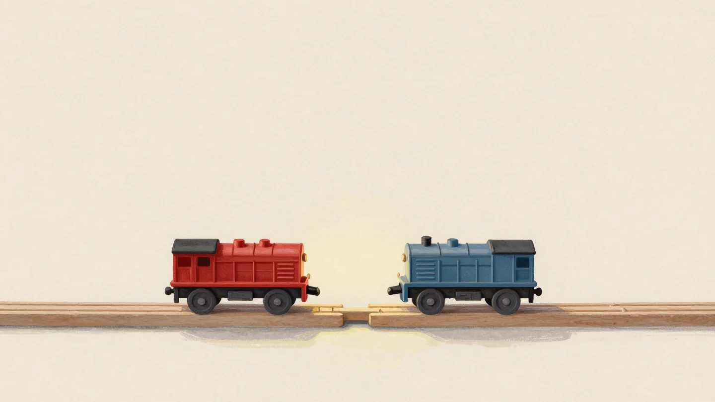 Two toy locomotives facing each other nose to nose on one wooden track, one red and one slate blue, neither able to pass.