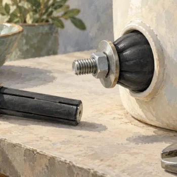 A tightened rubber expansion plug beside a slender loose spare