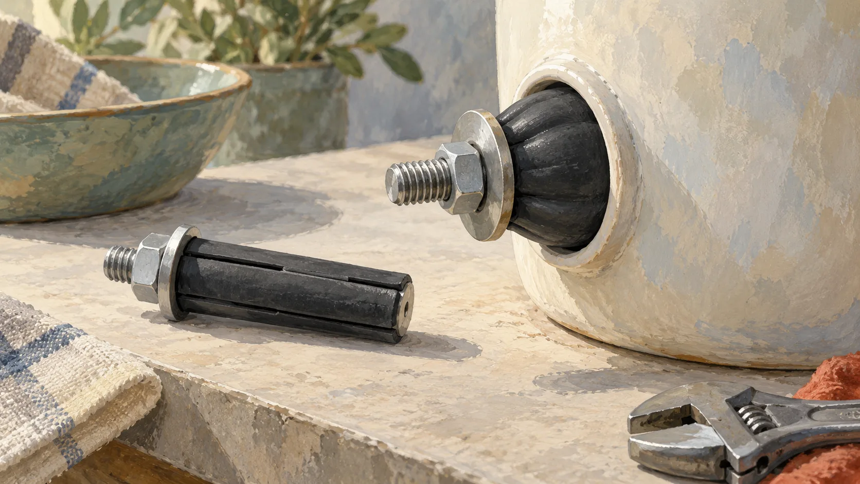A tightened rubber expansion plug beside a slender loose spare