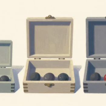 Three open boxes of different sizes, each holding three dark balls, one ball in each box painted red.