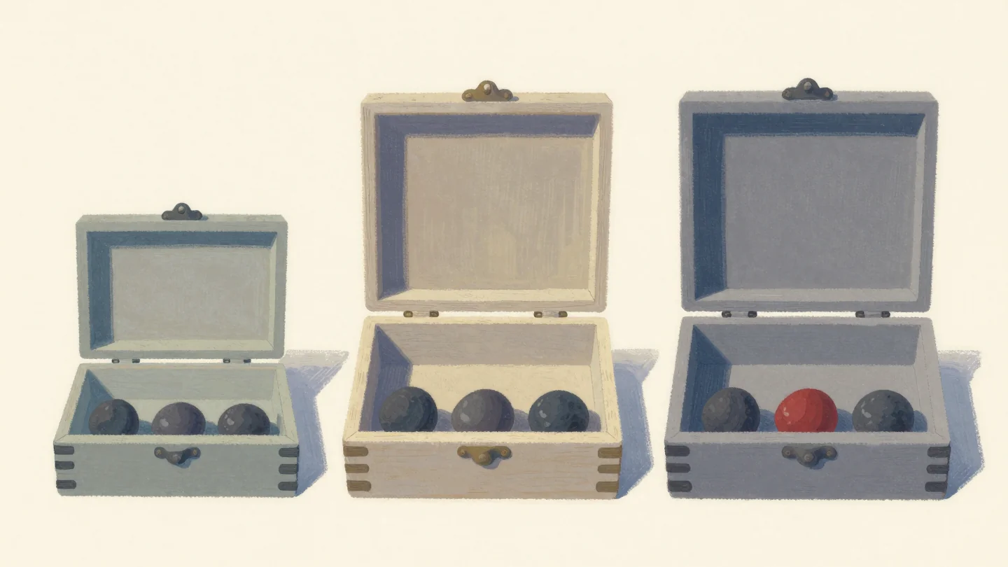 Three open boxes of different sizes, each holding three dark balls, one ball in each box painted red.