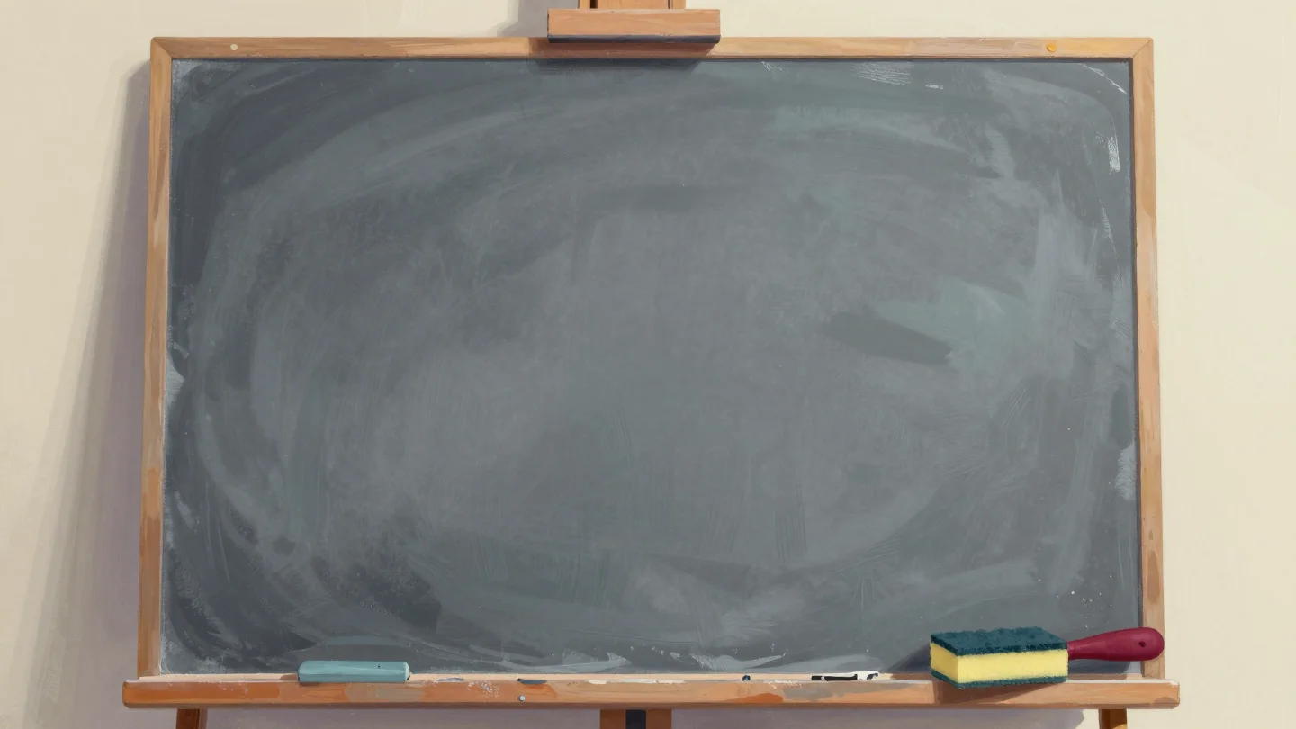 A slate board on an easel, partly wiped clean, with a sponge resting on the ledge.