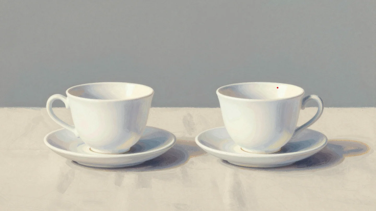 Two nearly identical white teacups on saucers, one with a small mark on its rim.