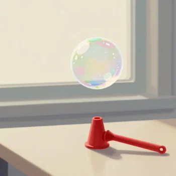 A soap bubble floating above a small red bubble wand on a table by a window.