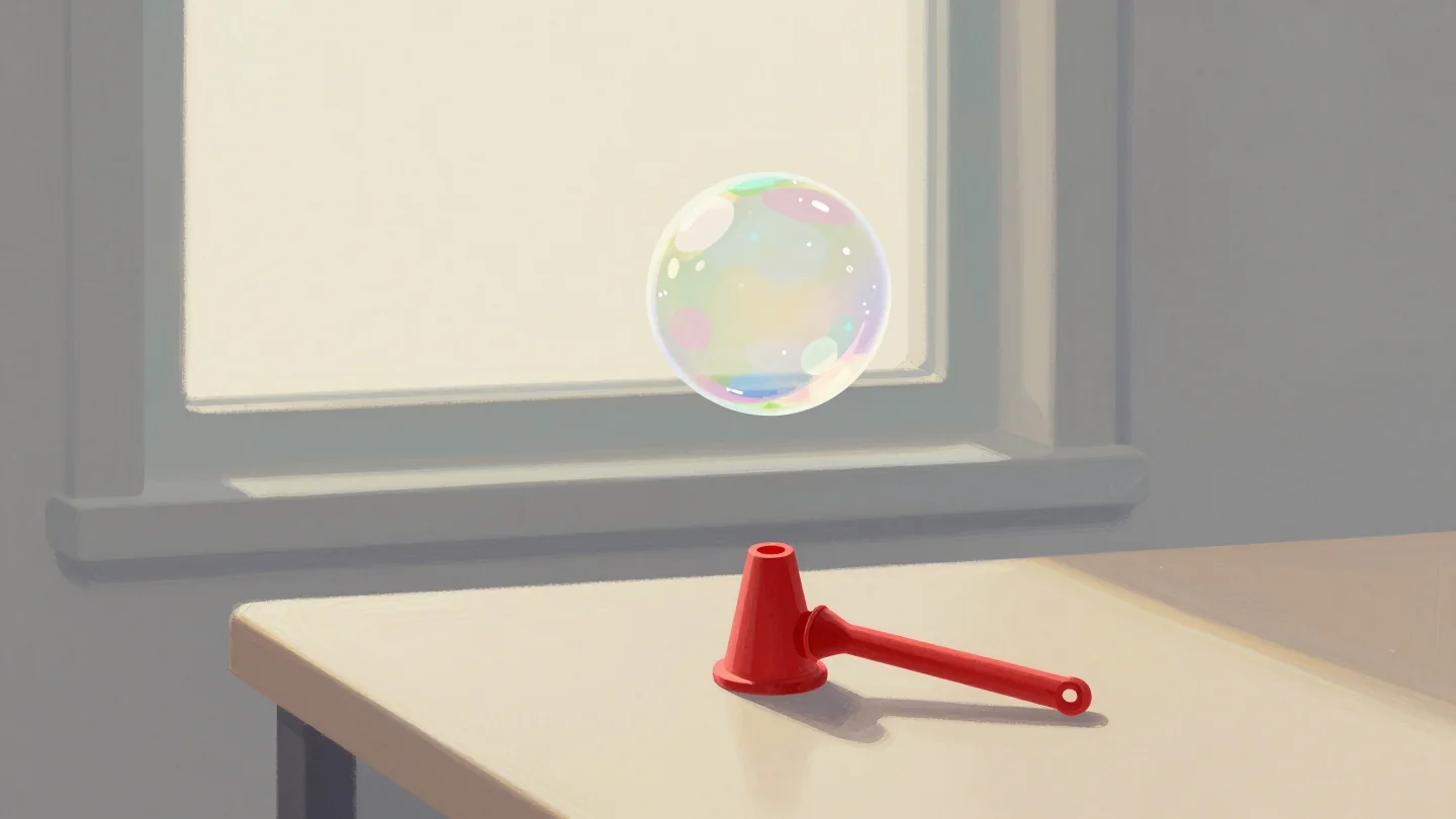 A soap bubble floating above a small red bubble wand on a table by a window.
