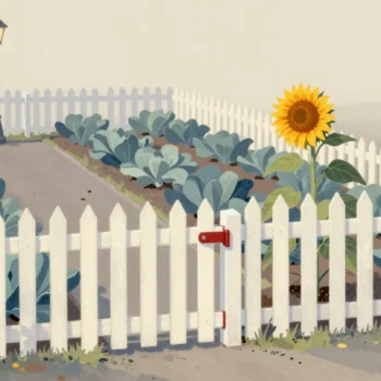 A white picket fence around a neat vegetable bed with a red gate latch and one tall sunflower standing out of line inside.