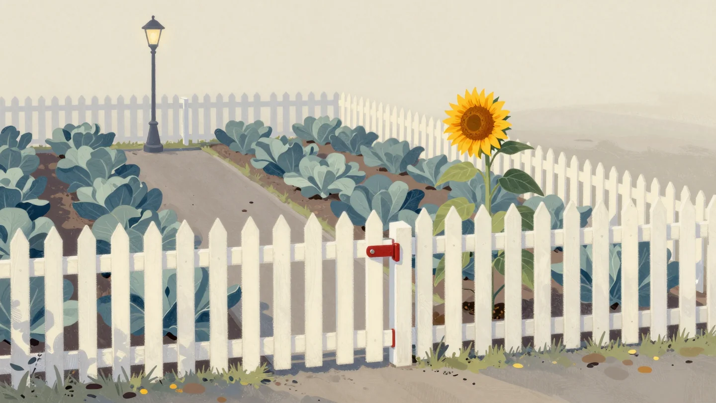 A white picket fence around a neat vegetable bed with a red gate latch and one tall sunflower standing out of line inside.