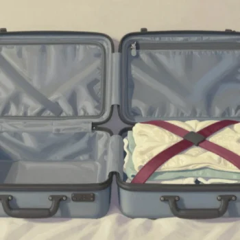 An open suitcase on a bed, one side empty with its straps showing and the other side packed with folded linens under a red strap.