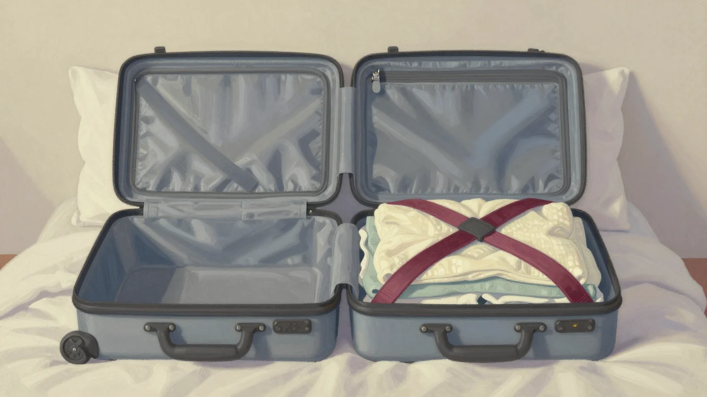 An open suitcase on a bed, one side empty with its straps showing and the other side packed with folded linens under a red strap.