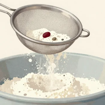 A metal sieve over a mixing bowl, flour passing through while a few lumps and a small pebble stay in the mesh.