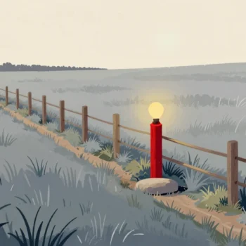 A long wooden fence across a meadow with one red post marking the boundary between two fields.