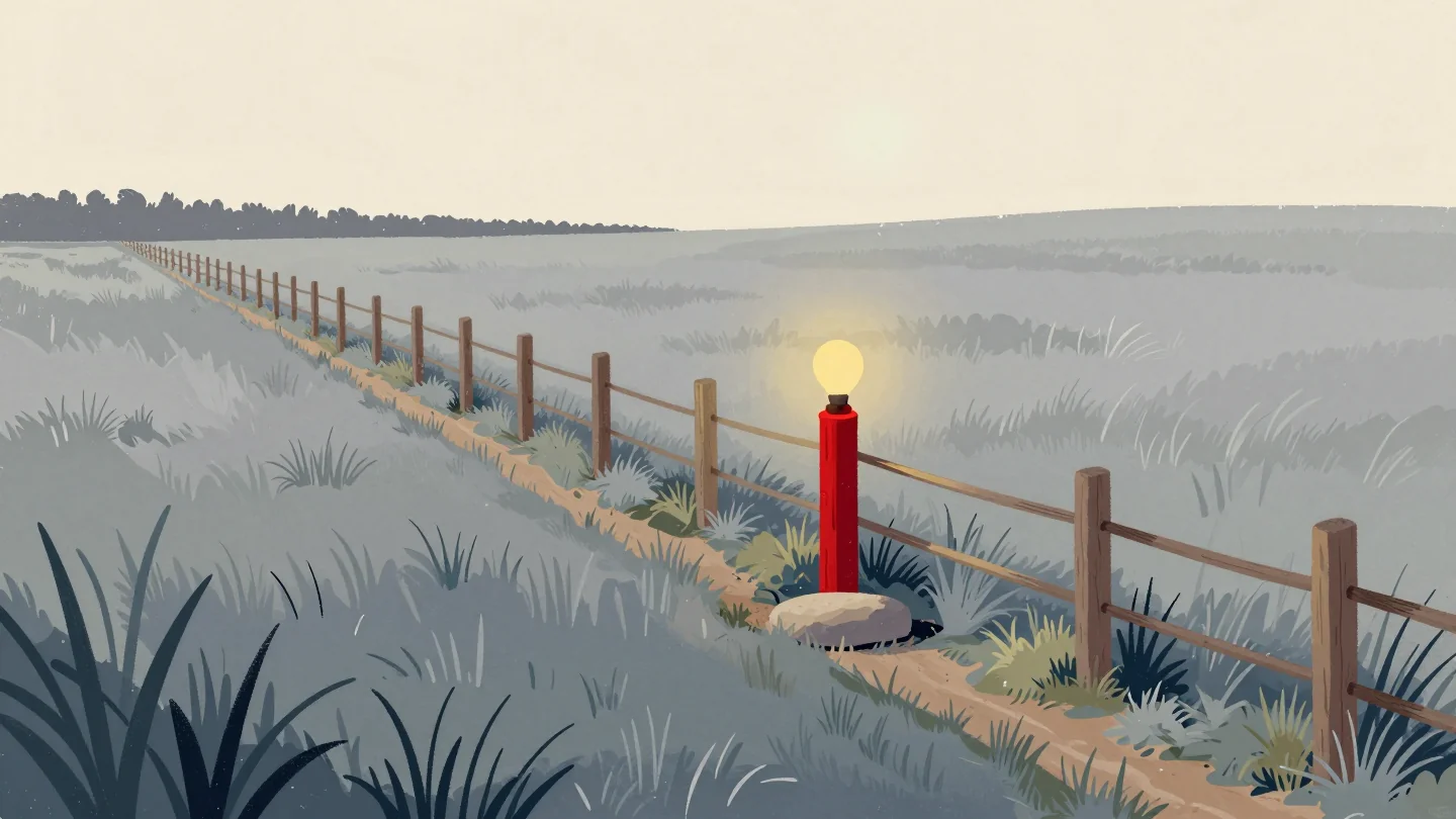 A long wooden fence across a meadow with one red post marking the boundary between two fields.