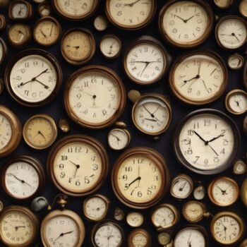 Wall covered with many vintage clocks showing different times