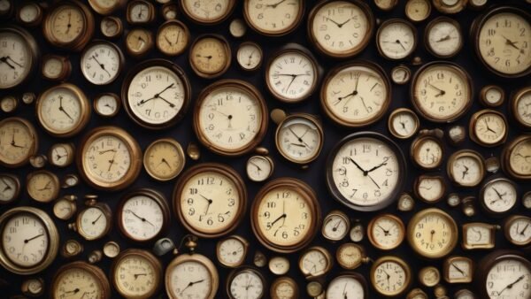 Wall covered with many vintage clocks showing different times