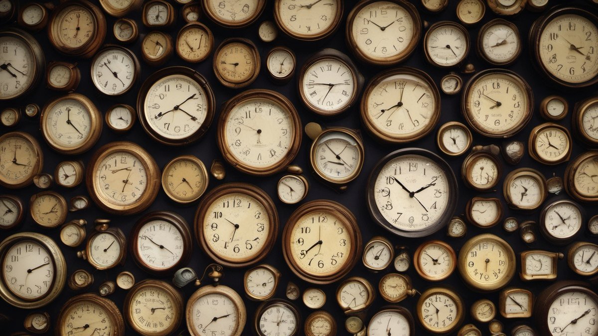 Wall covered with many vintage clocks showing different times