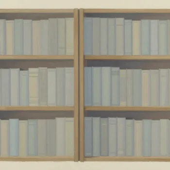 Two wooden bookshelves side by side, filled with plain books, a red book at the end of one shelf.