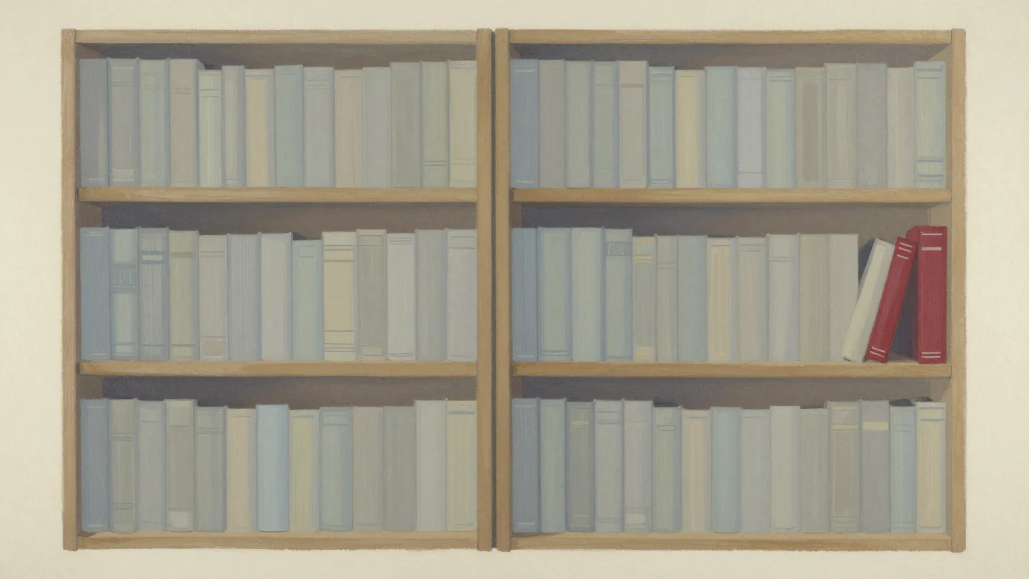 Two wooden bookshelves side by side, filled with plain books, a red book at the end of one shelf.