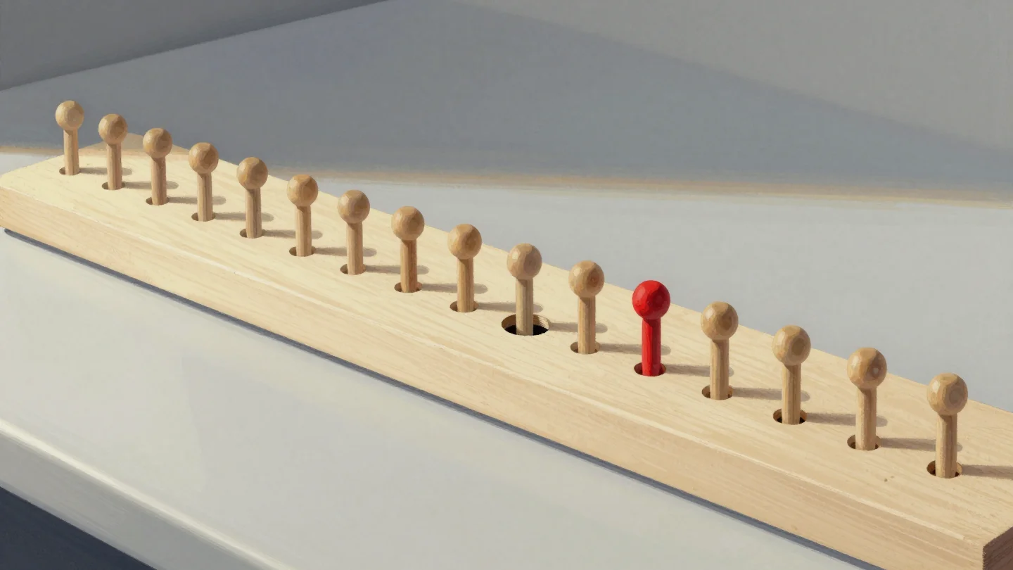 A long wooden peg board with a row of round pegs and one empty hole in the row, a red peg standing just past the gap.