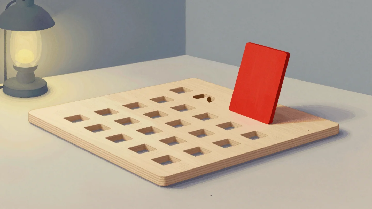 A wooden board with rows of small square openings and an oversized red piece leaning against it that cannot fit.