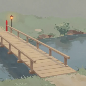 A narrow wooden footbridge over a calm stream with a small red gate closing its entrance.