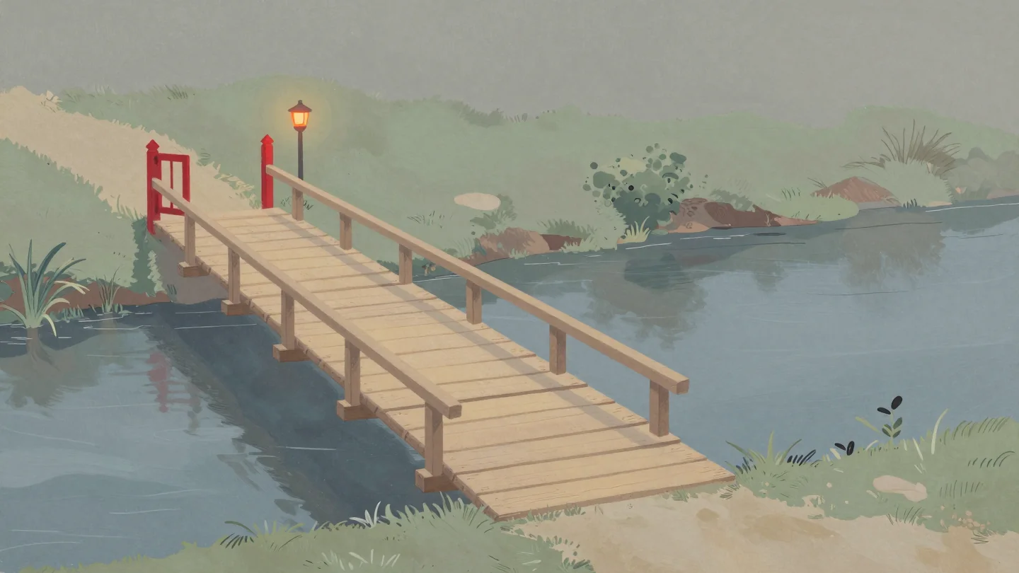 A narrow wooden footbridge over a calm stream with a small red gate closing its entrance.