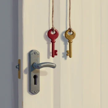 Two keys, one red and one brass, hanging on cords toward the single keyhole of a door lock.