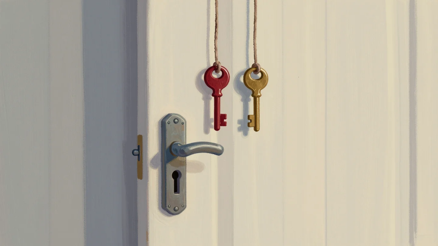 Two keys, one red and one brass, hanging on cords toward the single keyhole of a door lock.