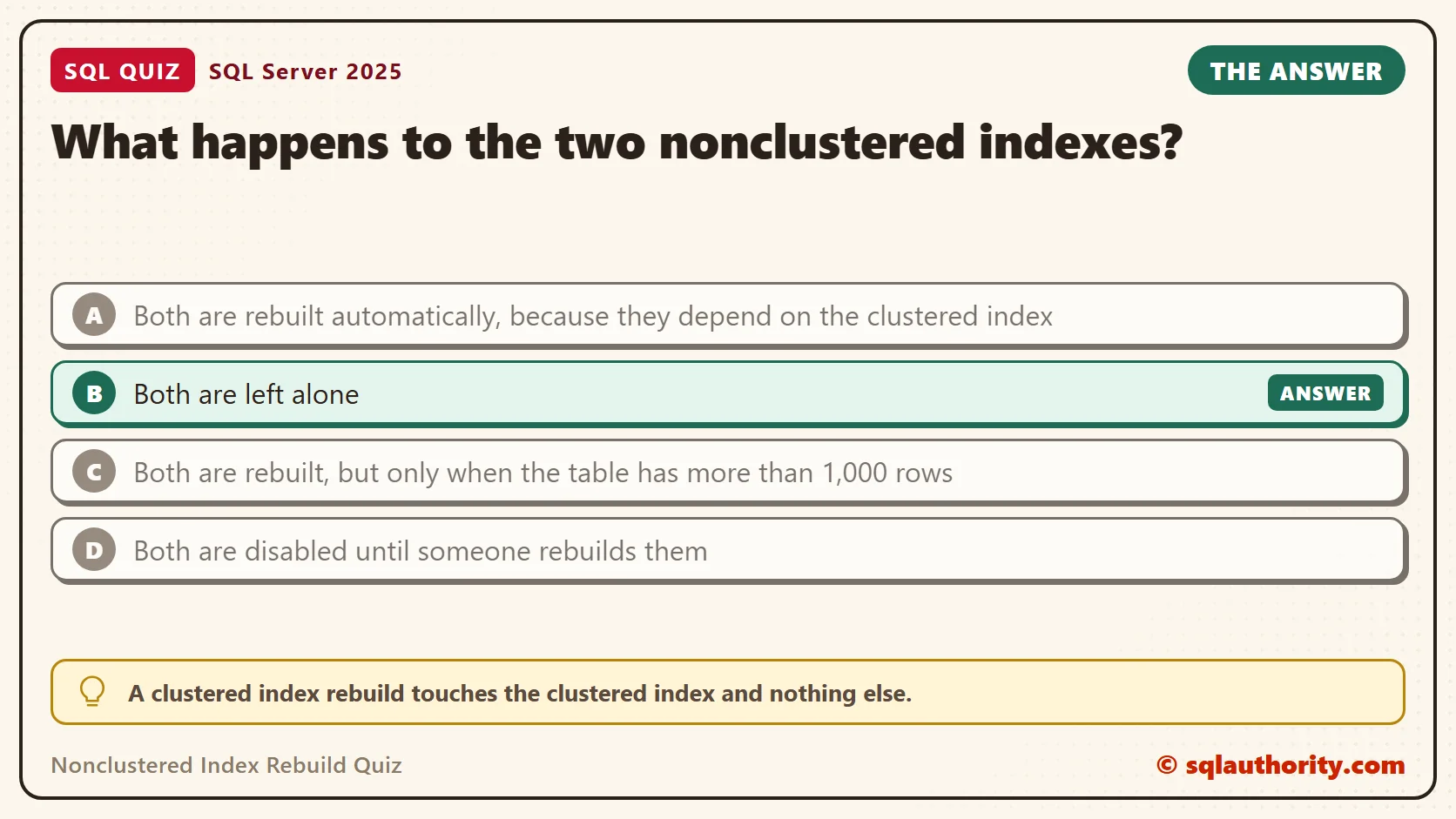 Answer card for the Nonclustered Index Rebuild Quiz: What happens to the two nonclustered indexes? The answer is B, Both are left alone.