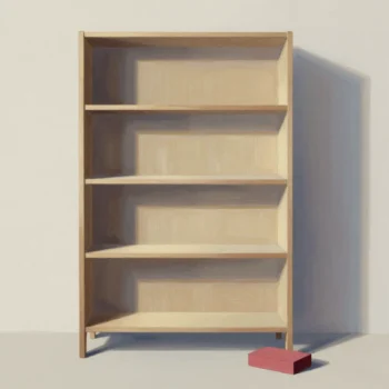 A tall wooden bookcase standing against a wall, with a red sanding block on the floor in front of it.