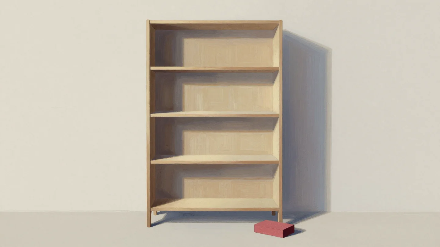 A tall wooden bookcase standing against a wall, with a red sanding block on the floor in front of it.
