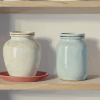 A pantry shelf where an old ceramic jar sits on a red tray beside the new jar that took its place.