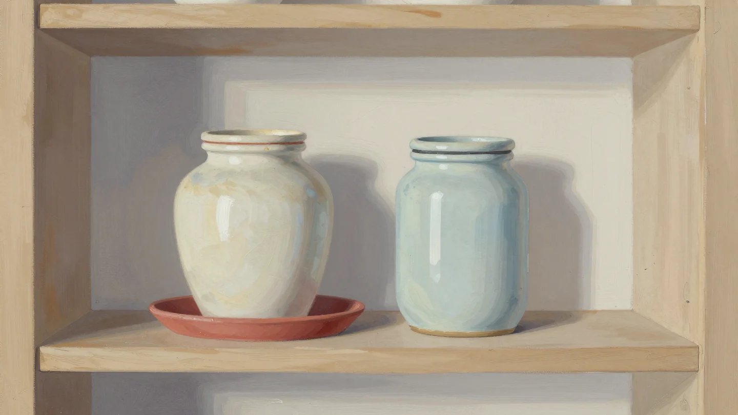 A pantry shelf where an old ceramic jar sits on a red tray beside the new jar that took its place.