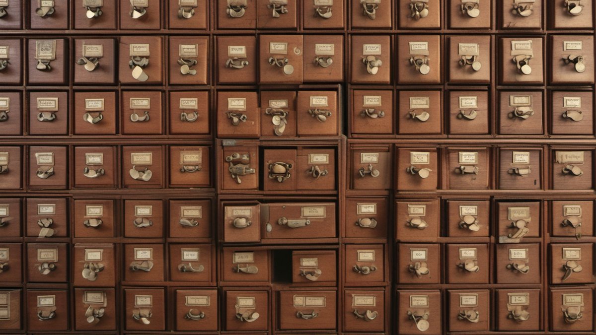 Wall of identical wooden card catalog drawers, one big collection split into parts like a partitioned table