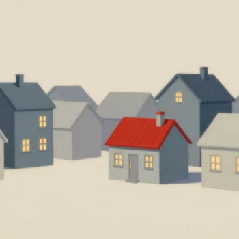 A small model village where most houses are pale and unfinished and one finished house has a red roof and warm lit windows.