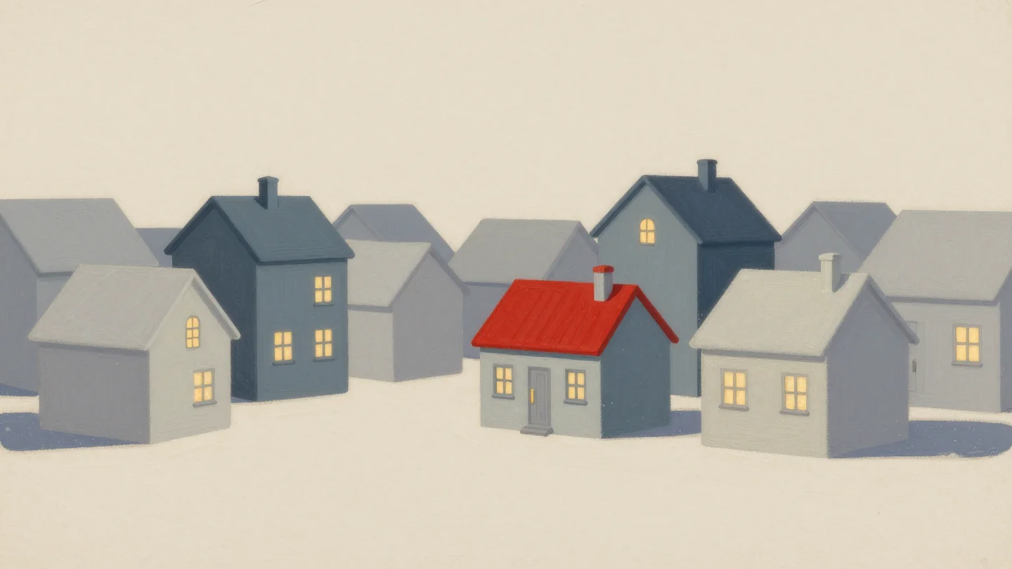 A small model village where most houses are pale and unfinished and one finished house has a red roof and warm lit windows.