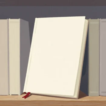 A row of closed cloth-bound journals on a shelf, one pale journal leaning forward with a red ribbon bookmark.