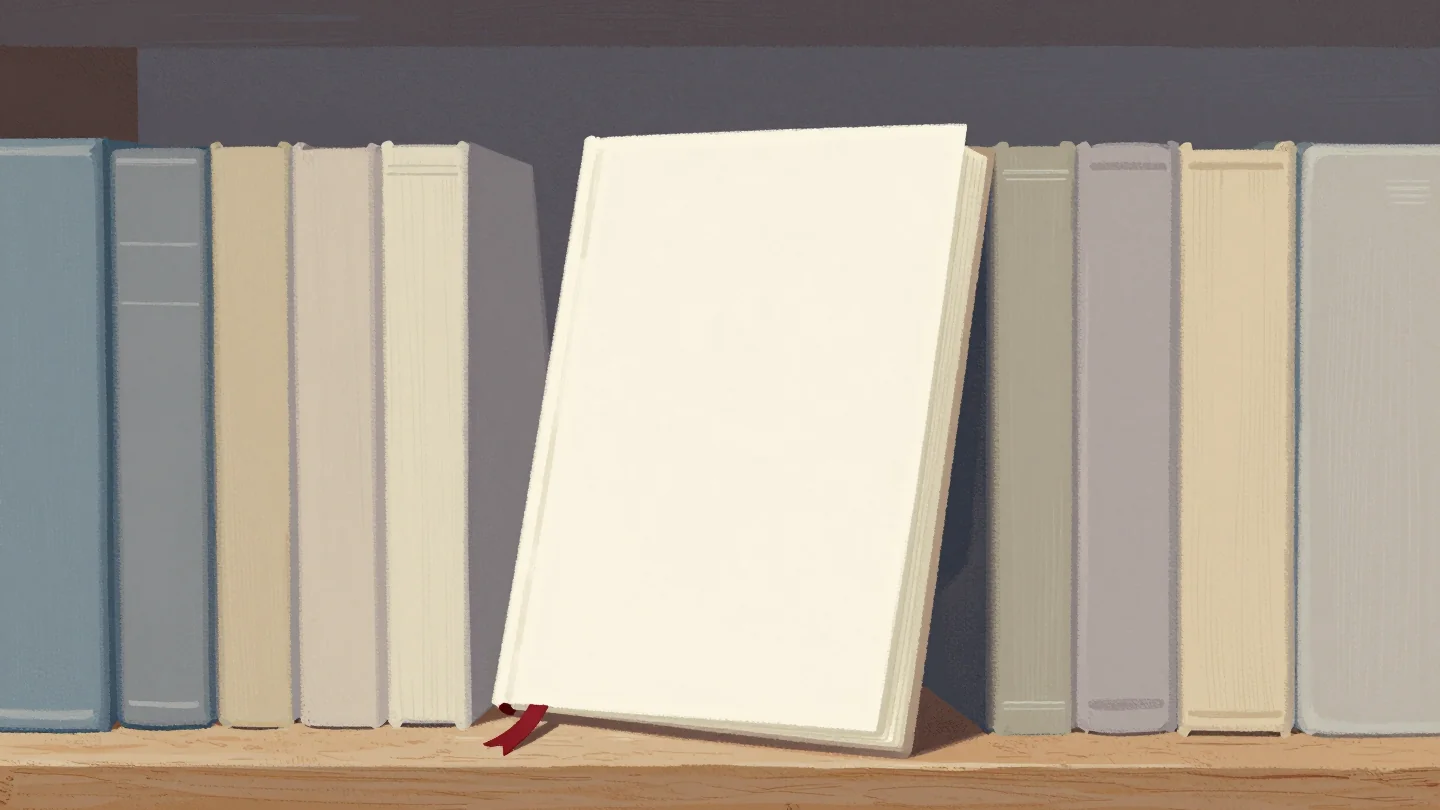 A row of closed cloth-bound journals on a shelf, one pale journal leaning forward with a red ribbon bookmark.