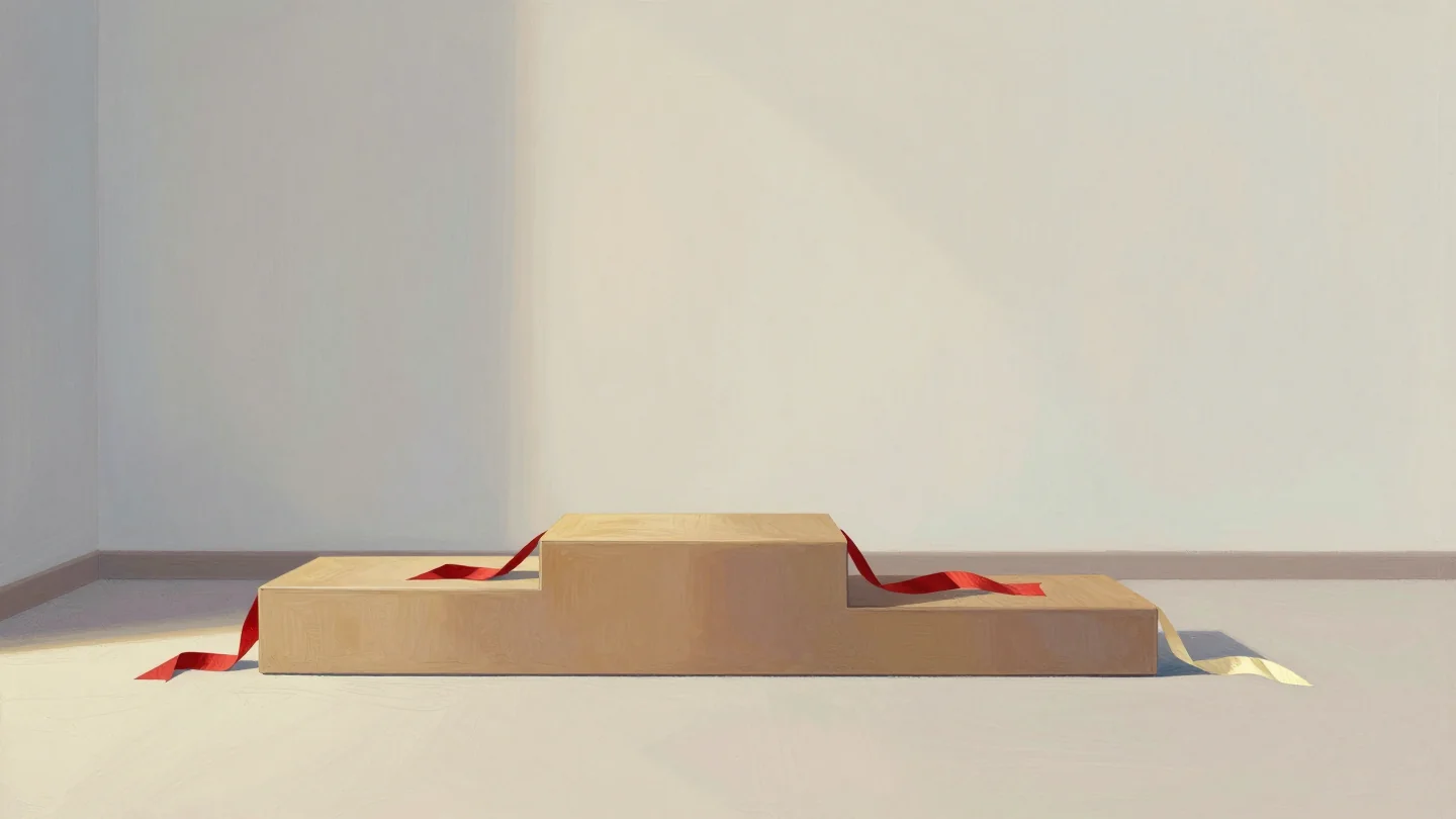 A small wooden podium on a plain floor with red ribbons laid across the top step.