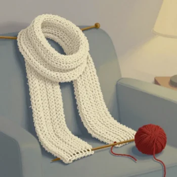 A half-knitted cream scarf resting on an armchair with its needles, a red ball of yarn beside it ready to continue.