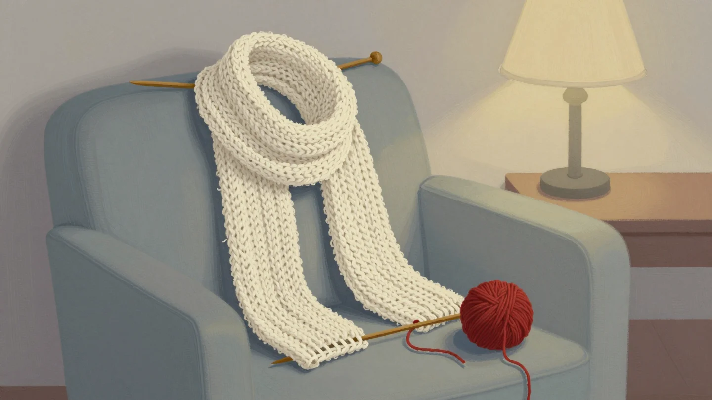 A half-knitted cream scarf resting on an armchair with its needles, a red ball of yarn beside it ready to continue.