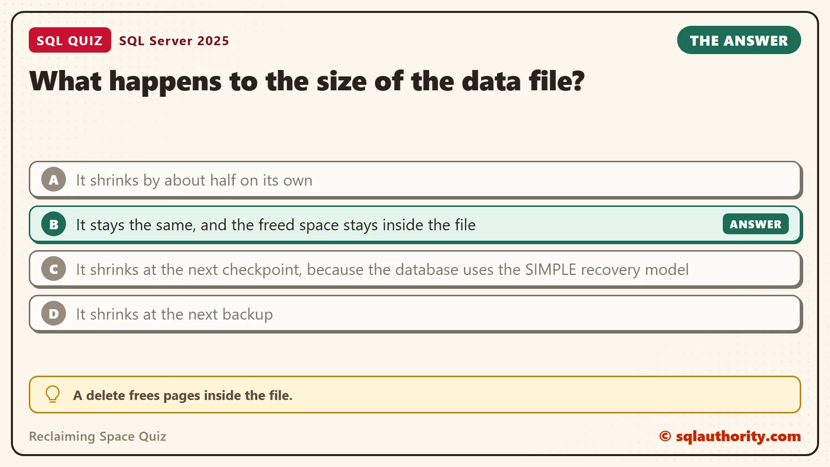 Answer card for the Reclaiming Space Quiz: What happens to the size of the data file? The answer is B, It stays the same, and the freed space stays inside the file.