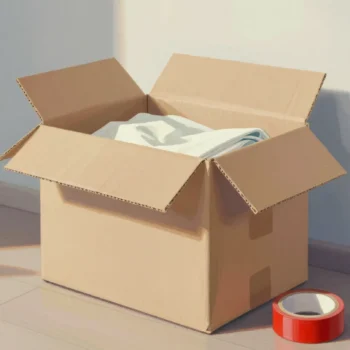 A large open moving box on a wooden floor, only partly filled with folded linens, a red roll of tape beside it.