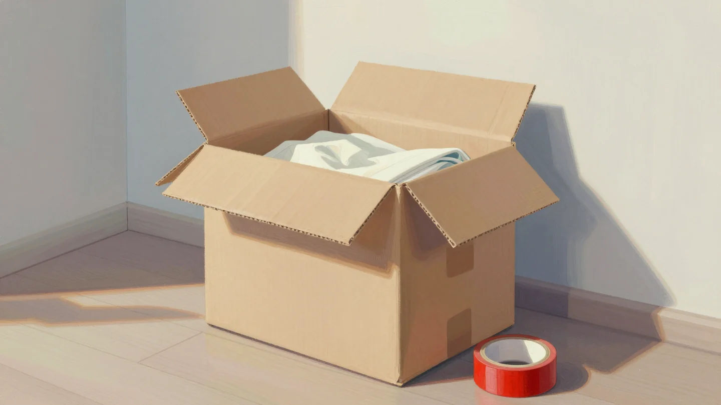 A large open moving box on a wooden floor, only partly filled with folded linens, a red roll of tape beside it.