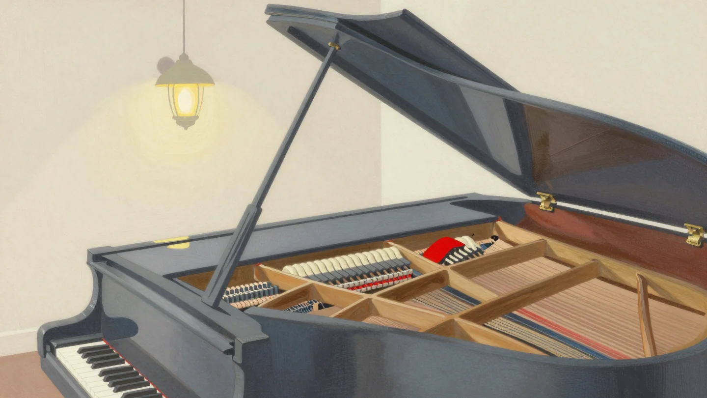 A grand piano with its lid raised, showing the strings and hammers inside, one hammer painted red.